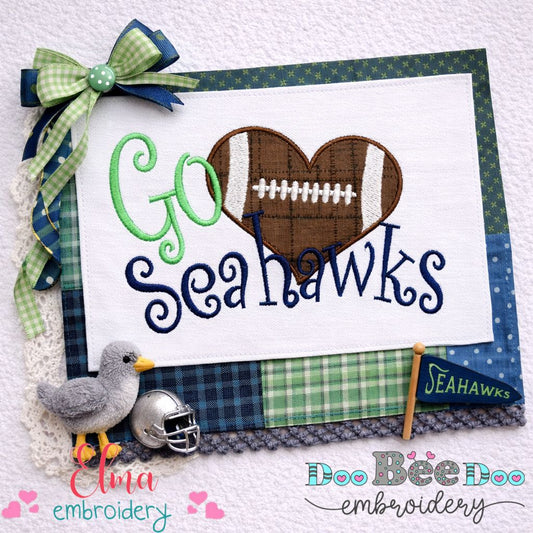 Go Seahawks Football Heart – Appliqué – Machine Embroidery Design