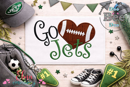 Go Jets Football Heart – Appliqué – Satin Stitch – Machine Embroidery Design