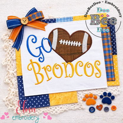Go Broncos Football Heart – Appliqué – Machine Embroidery Design