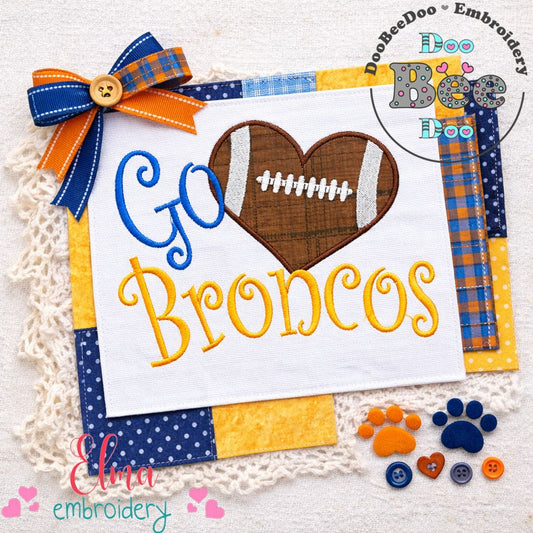 Go Broncos Football Heart – Appliqué – Machine Embroidery Design