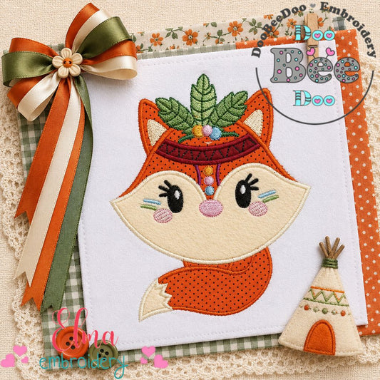 Boho Fox Face with Floral Crown - Applique – Machine Embroidery Design