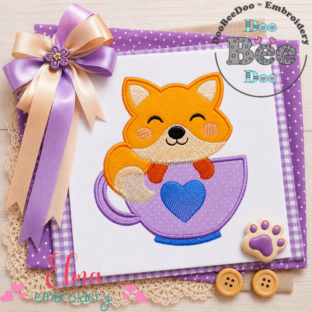 Sweet Fox in Teacup – Appliqué – Machine Embroidery Design