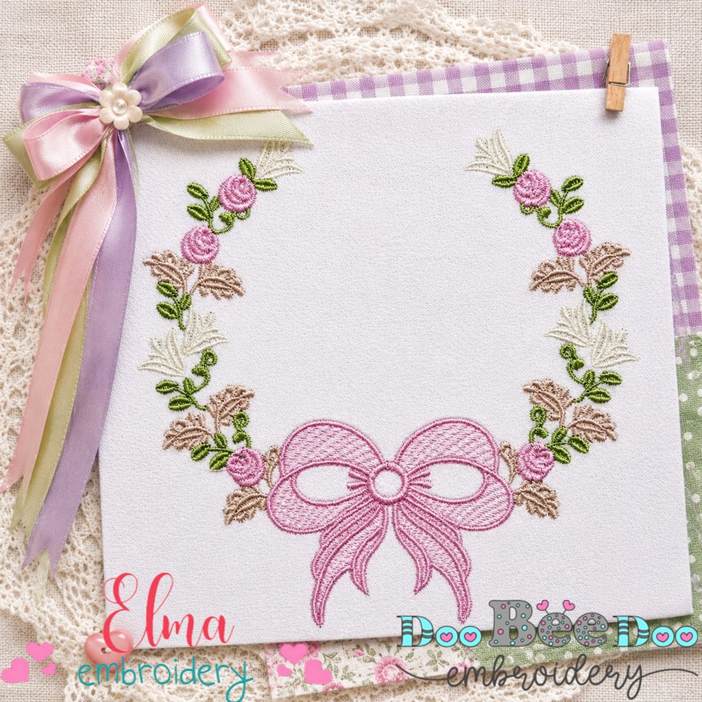 Delicate Floral Wreath with Bow – Satin Stitch – Machine Embroidery Design