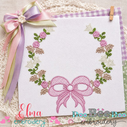 Delicate Floral Wreath with Bow – Satin Stitch – Machine Embroidery Design