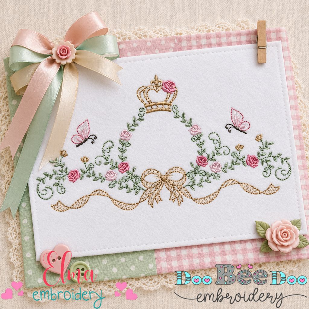 Princess Floral Tiara Frame - Satin Stitch - Machine Embroidery Design