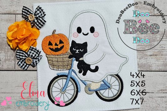 Adorable Ghost Biking with Friends - Applique - Machine Embroidery Design