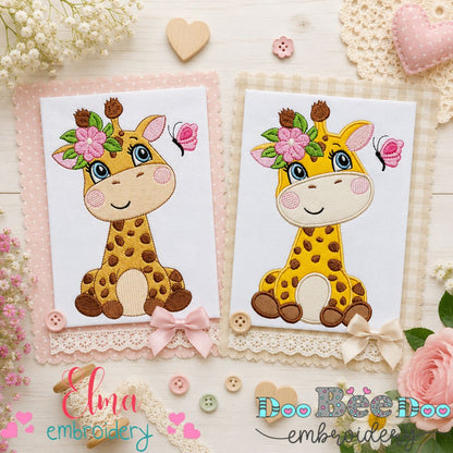 Floral Baby Giraffe - Fill Stitch & Appliqué - Machine Embroidery Design