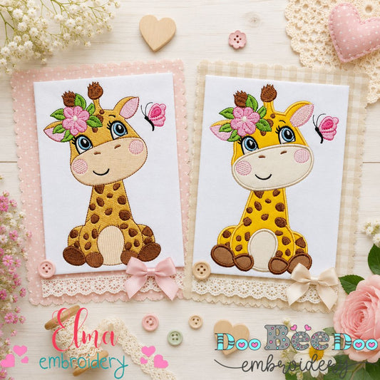 Floral Baby Giraffe - Fill Stitch & Appliqué - Machine Embroidery Design