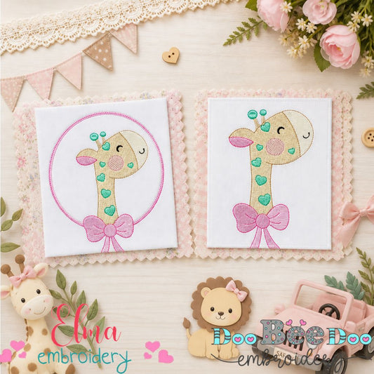 Sweet Giraffe Bow Frame – Appliqué & Fill Stitch – Machine Embroidery Design