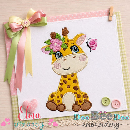 Sweet Baby Giraffe with Flowers - Appliqué – Machine Embroidery Design