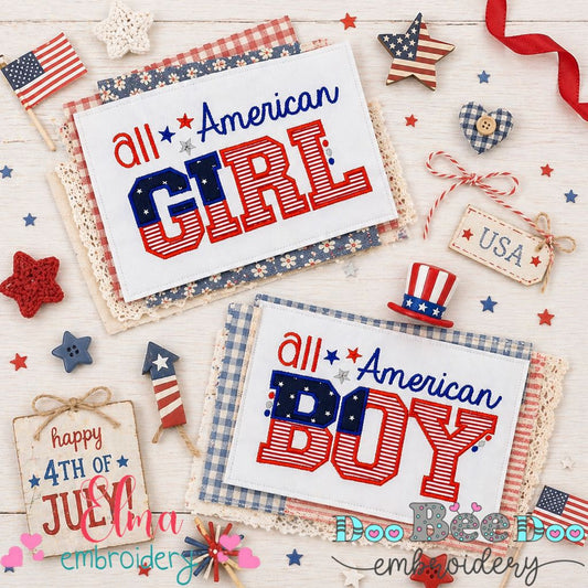 All American Girl & Boy – Appliqué – Machine Embroidery Design