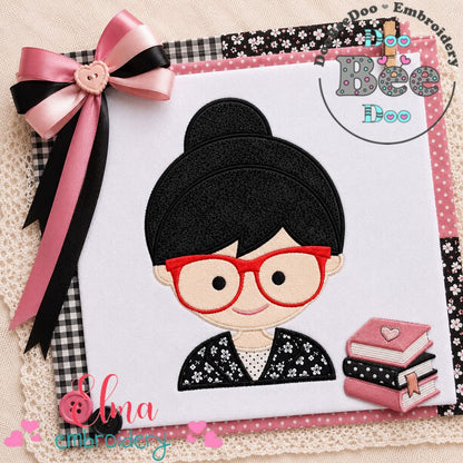 Cute Girl with Glasses – Appliqué – Machine Embroidery Design