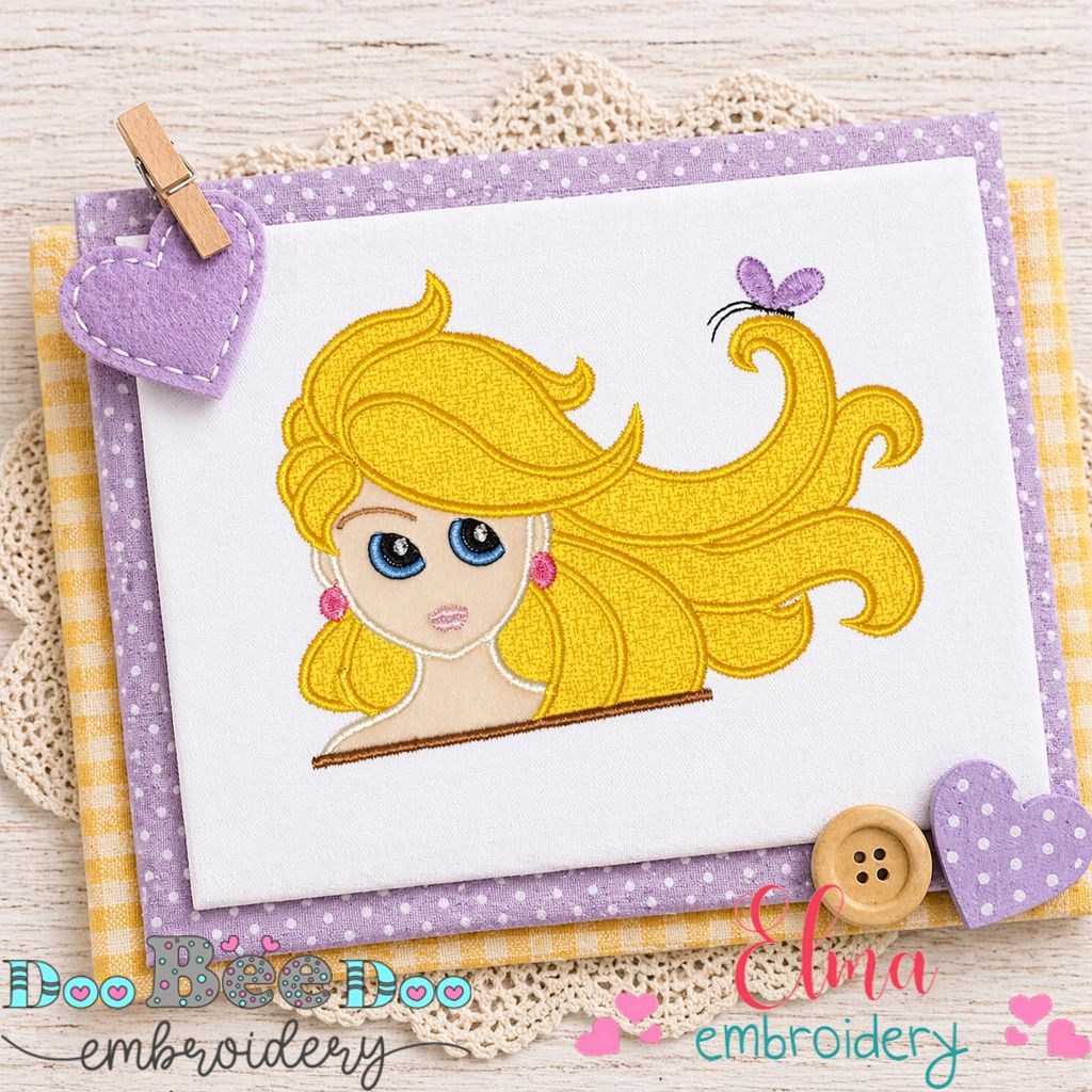 Princess Girl with Flowing Hair and Butterfly - Appliqué - Machine Embroidery Design