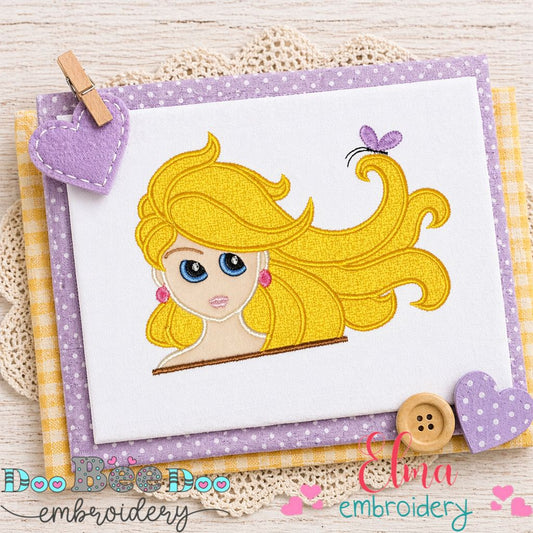 Princess Girl with Flowing Hair and Butterfly - Appliqué - Machine Embroidery Design