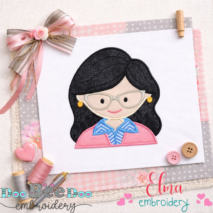 Cute Office Girl with Glasses - Appliqué - Machine Embroidery Design