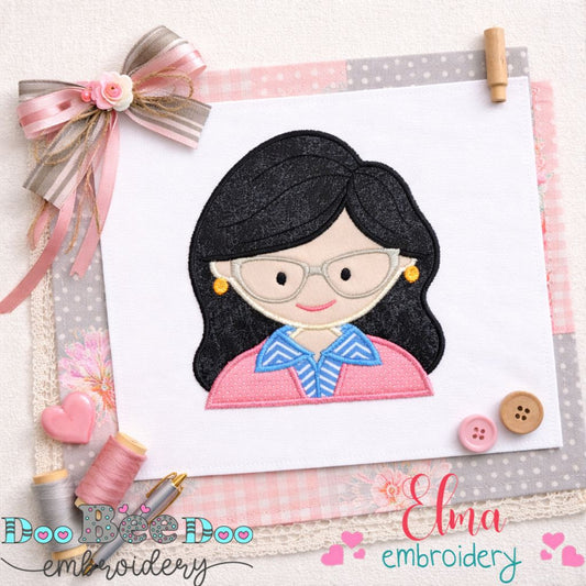 Cute Office Girl with Glasses - Appliqué - Machine Embroidery Design