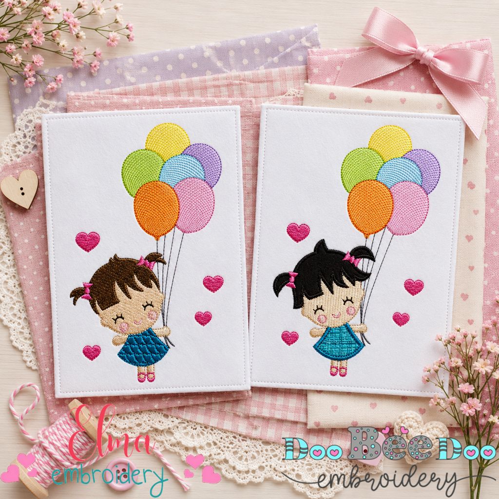 Cute Girl Holding Balloons – Appliqué & Fill Stitch – Machine Embroidery Design