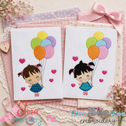 Cute Girl Holding Balloons – Appliqué & Fill Stitch – Machine Embroidery Design