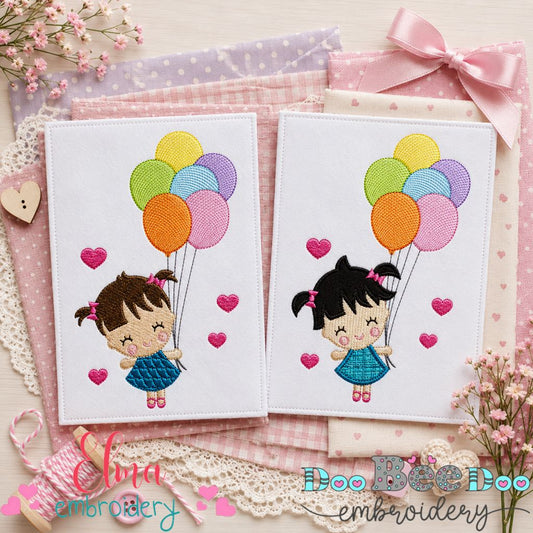 Cute Girl Holding Balloons – Appliqué & Fill Stitch – Machine Embroidery Design