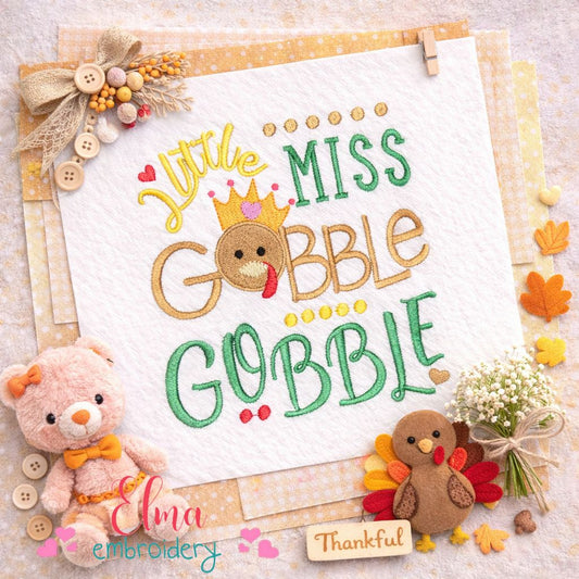 Cute Thanksgiving Turkey Girl Gobble Phrase – Fill Stitch – Machine Embroidery Design