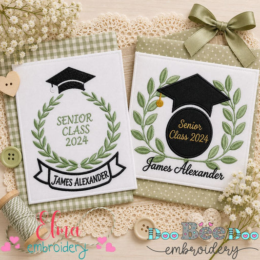 Graduation Laurel Frame Collection – Applique & Fill Stitch – Machine Embroidery Design