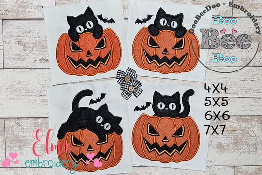 Spooky Cute Cat in Jack O Lantern - Applique - Machine Embroidery Design