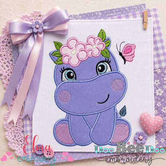 Floral Baby Hippo - Appliqué – Machine Embroidery Design