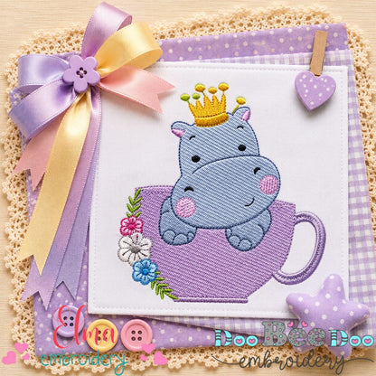 Little Hippo in Teacup - Fill Stitch - Machine Embroidery Design