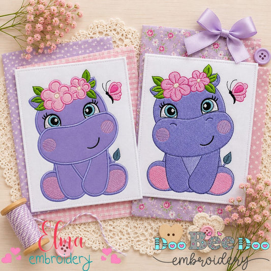 Sweet Floral Hippo Duo – Applique & Fill Stitch – Machine Embroidery Design