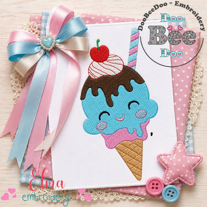 Happy Ice Cream Cone Kawaii Design - Fill Stitch – Machine Embroidery Design