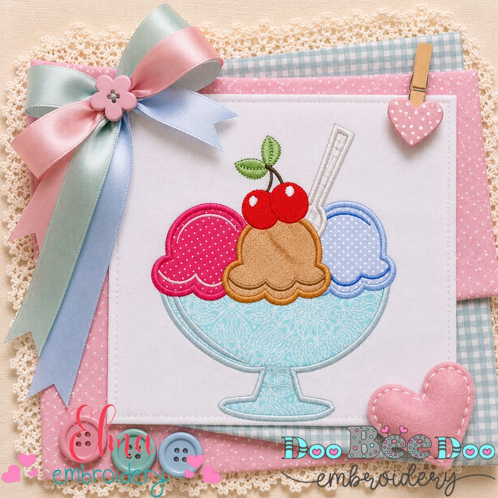 Sweet Ice Cream Sundae - Appliqué - Machine Embroidery Design