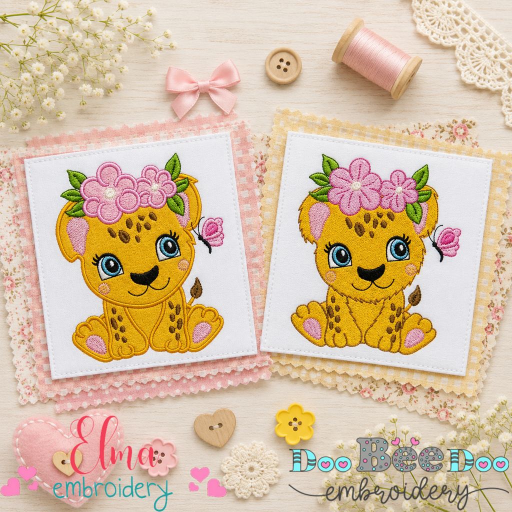 Sweet Jaguar with Flowers – Applique & Fill Stitch – Machine Embroidery Design