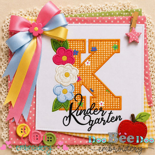 Kindergarten Floral Monogram K - Appliqué - Machine Embroidery Design