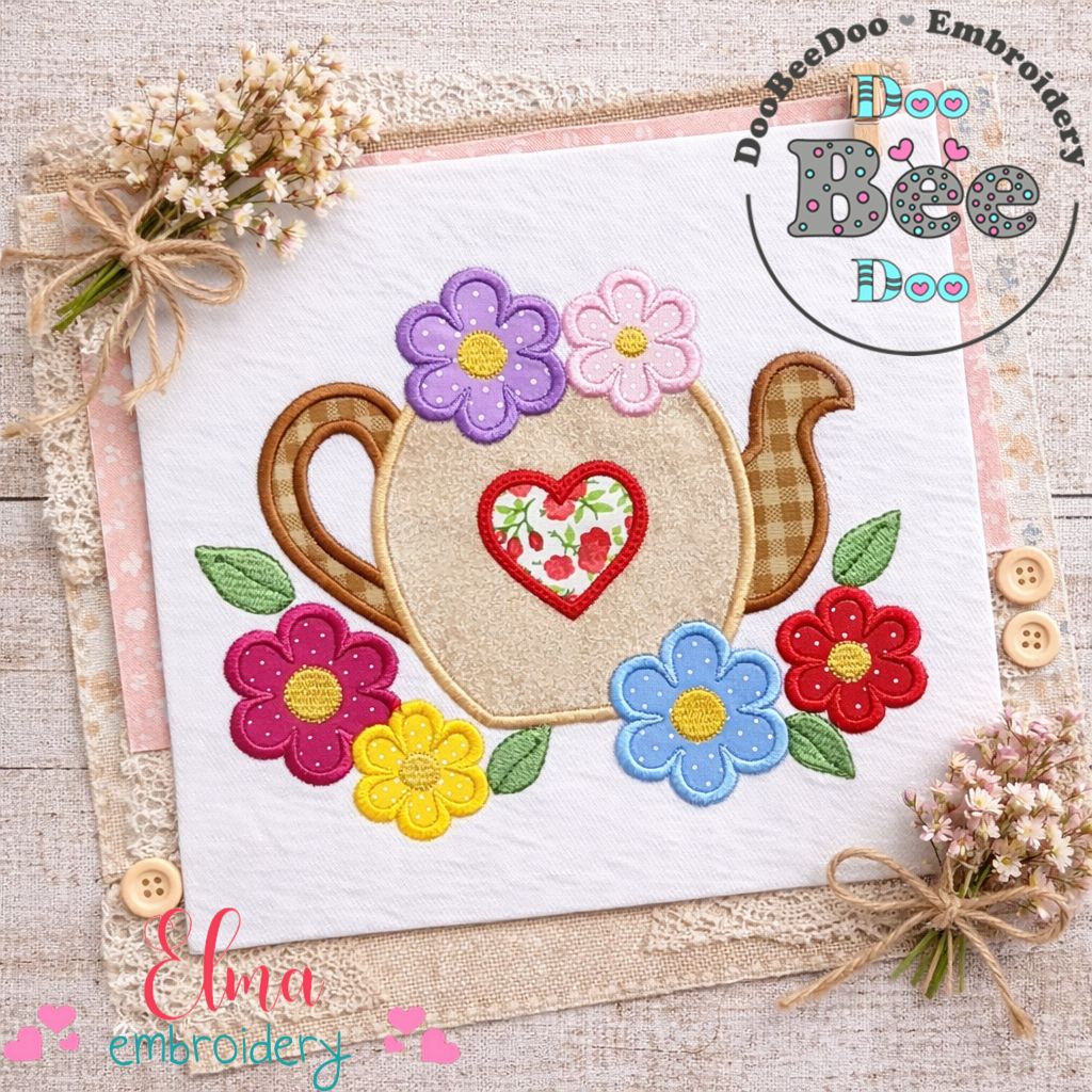 Título Shopify  Teapot With Flowers – Appliqué – Machine Embroidery Design