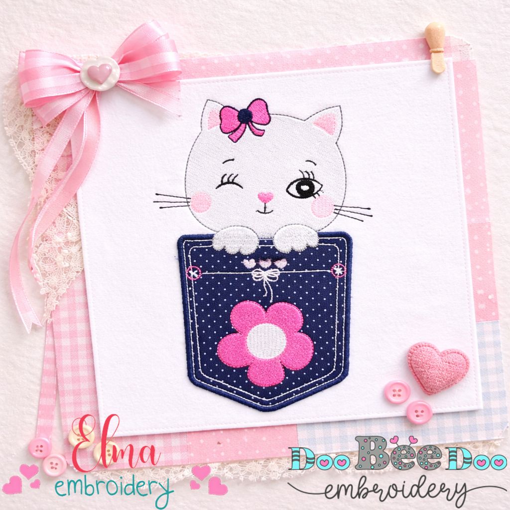 Kitty Cat in the Pocket - Appliqué - Machine Embroidery Design