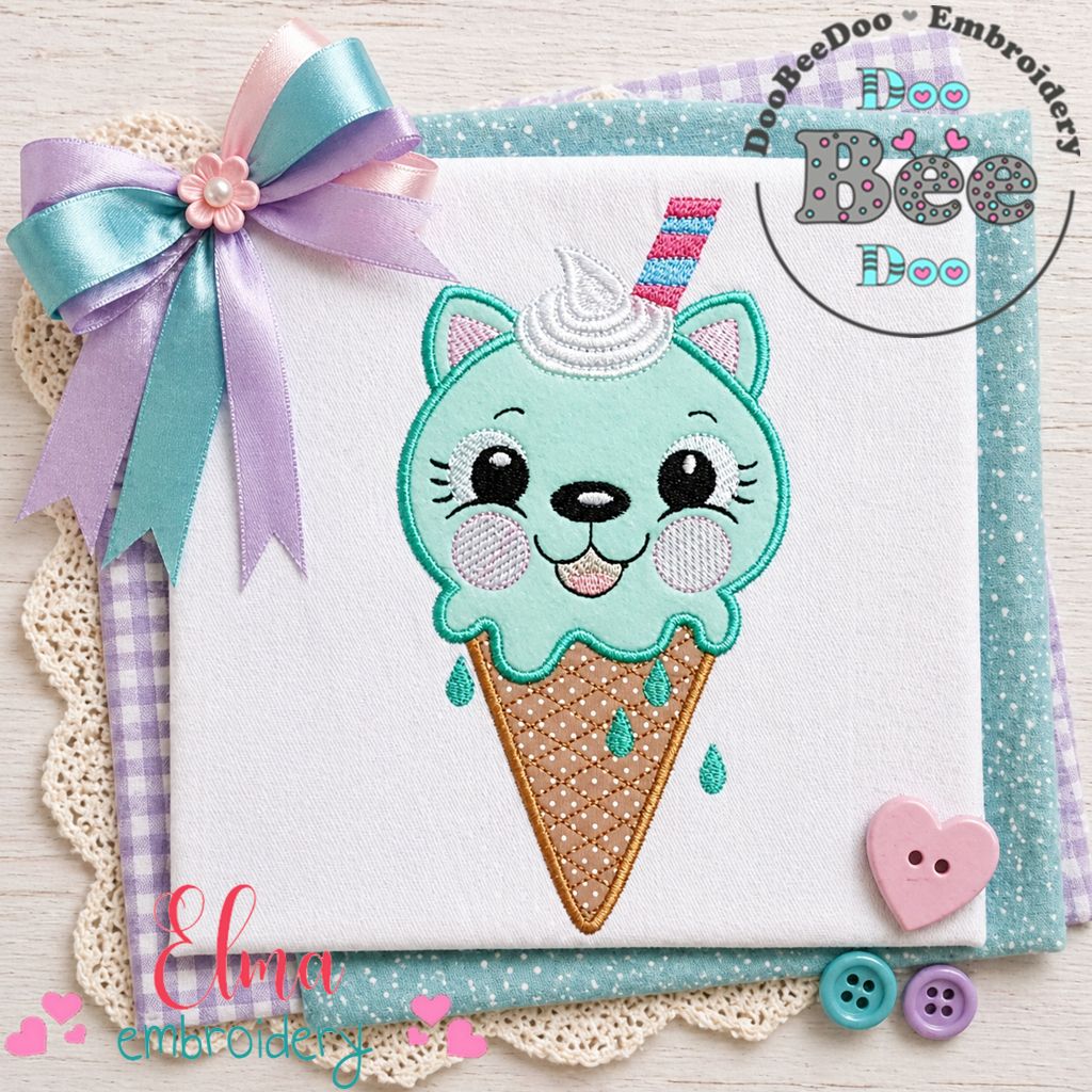 Sweet Ice Cream Kitty Delight - Appliqué – Machine Embroidery Design
