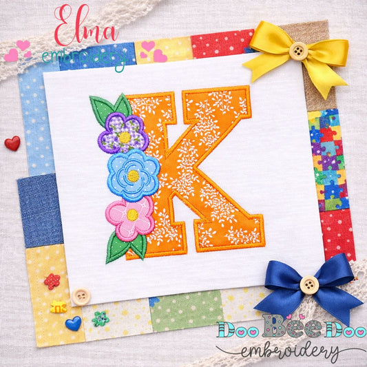 Floral Letter K – Appliqué – Machine Embroidery Design