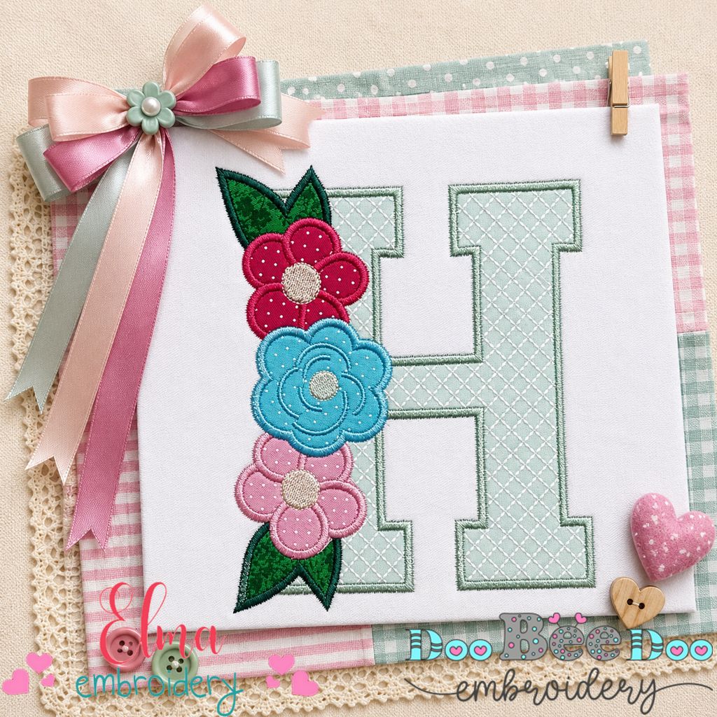 Floral Letter H Monogram - Appliqué - Machine Embroidery Design
