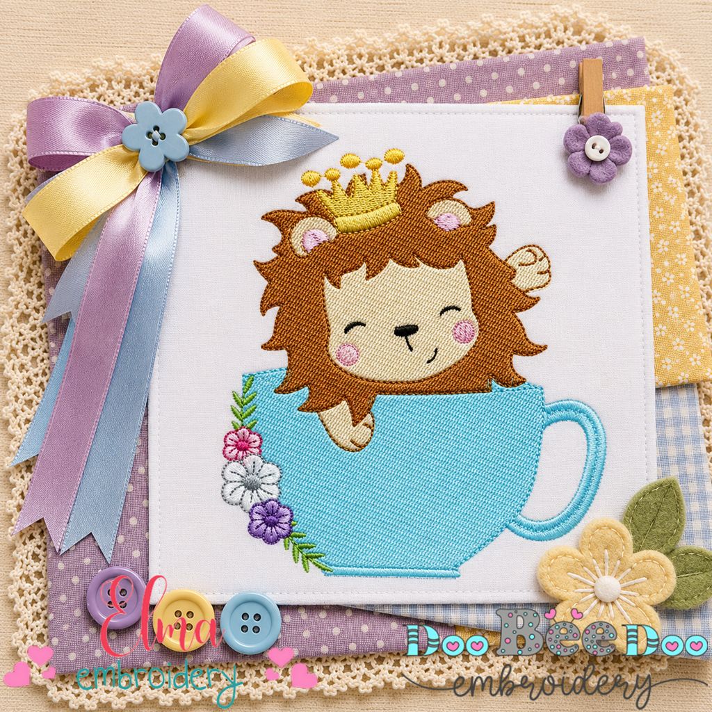 Little Lion in Teacup - Fill Stitch - Machine Embroidery Design