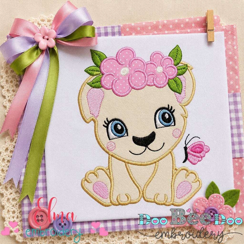 Sweet Floral Lion Cub - Appliqué – Machine Embroidery Design