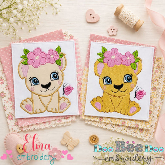 Sweet Floral Lion Cub Collection – Fill Stitch & Applique – Machine Embroidery Design