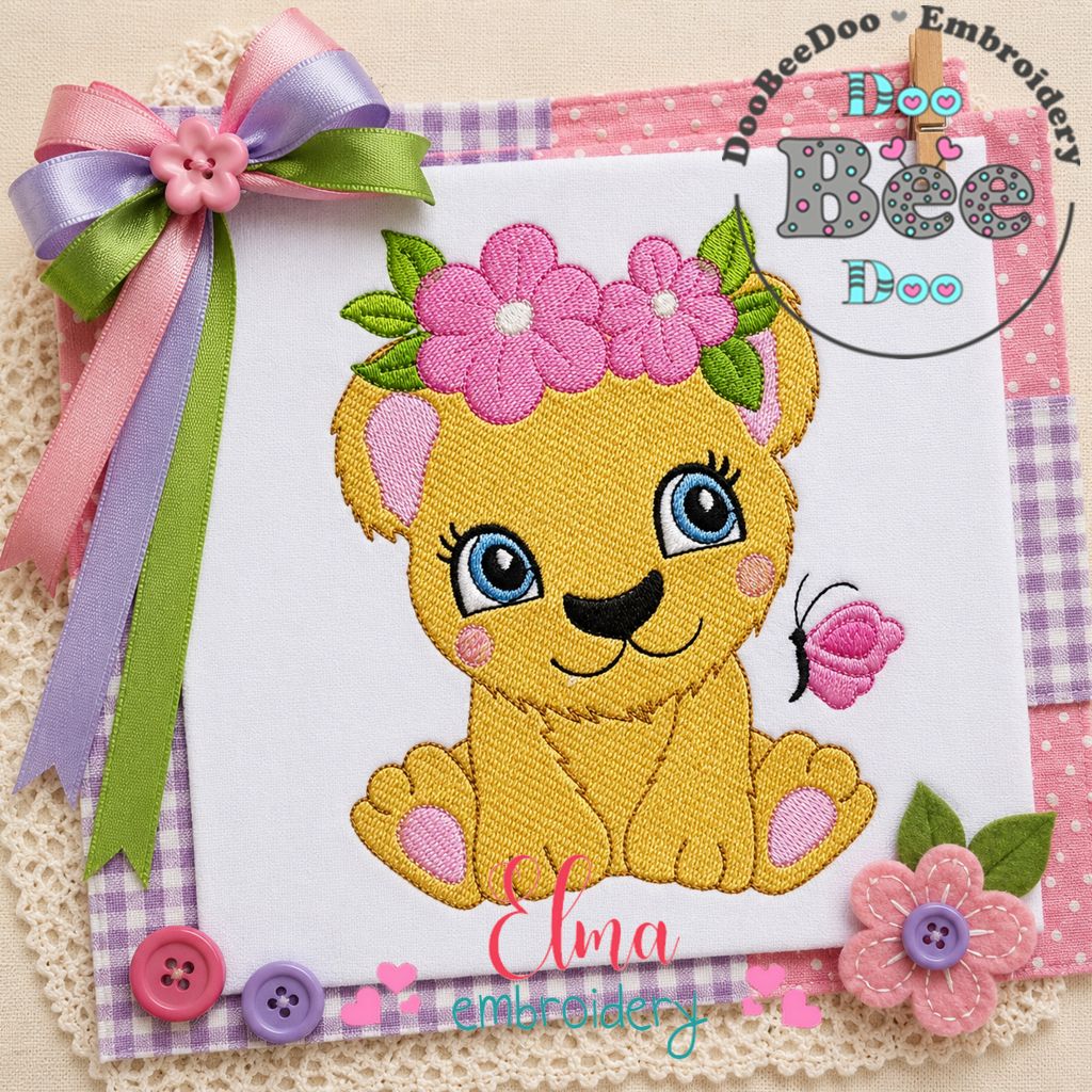 Sweet Floral Lion Cub - Fill Stitch – Machine Embroidery Design