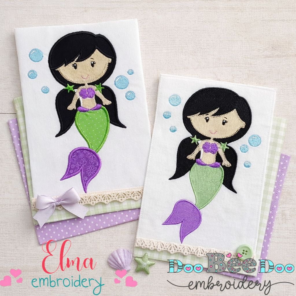 Sweet Black Hair Mermaid Duo – Appliqué & Fill Stitch – Machine Embroidery Design