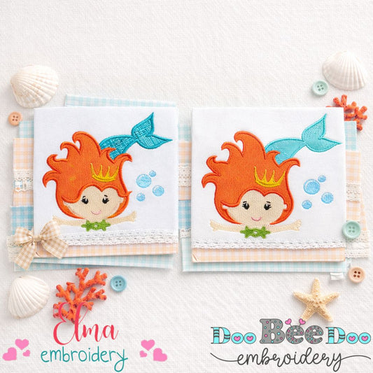 Sweet Little Mermaid Orange Hair Duo – Appliqué & Fill Stitch – Machine Embroidery Design