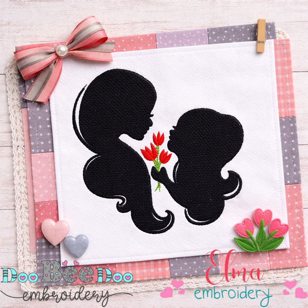 Sweet Mom and Daughter Flower Silhouette - Fill Stitch – Machine Embroidery Design