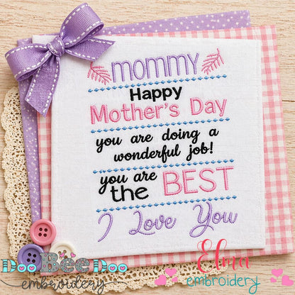 Mommy I Love You Mother’s Day Quote - Satin Stitch - Machine Embroidery Design