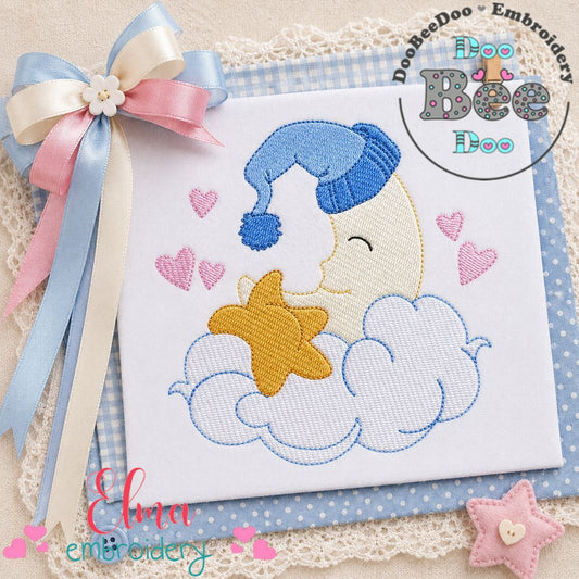 Sweet Sleeping Moon and Star – Fill Stitch – Machine Embroidery Design