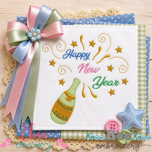 Festive Champagne Happy New Year – Sketch Stitch – Machine Embroidery Design