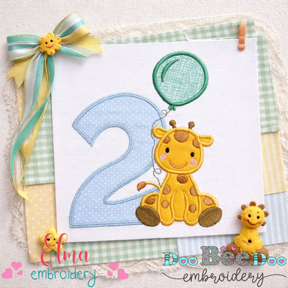 Giraffe Birthday Number Two - Appliqué - Machine Embroidery Design