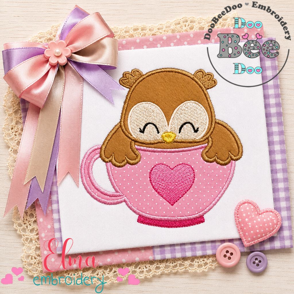 Sweet Owl Girl in Teacup – Appliqué – Machine Embroidery Design